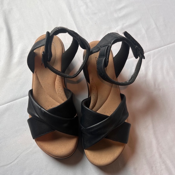 Clarks Black Leather Ankle Strap Sandals, Gently Worn, size 7 - Picture 1 of 4